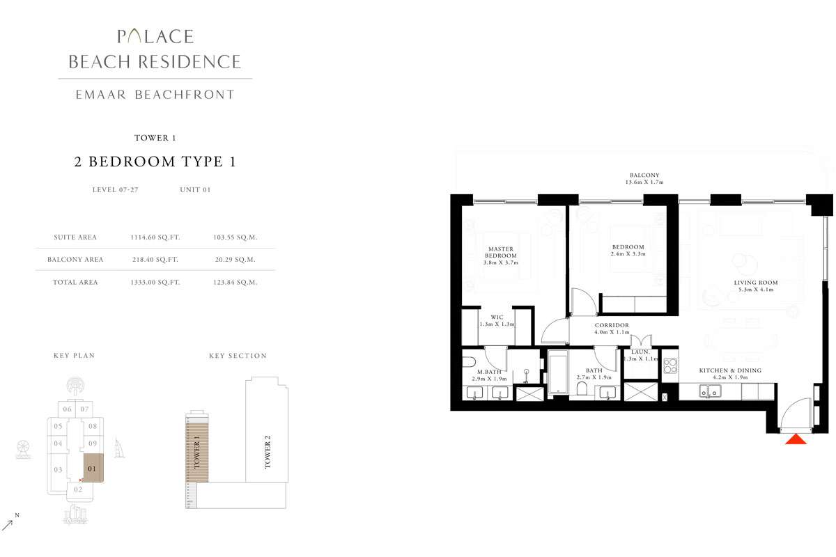 2 Bedroom, Type 1, Level 7-27, Unit 1